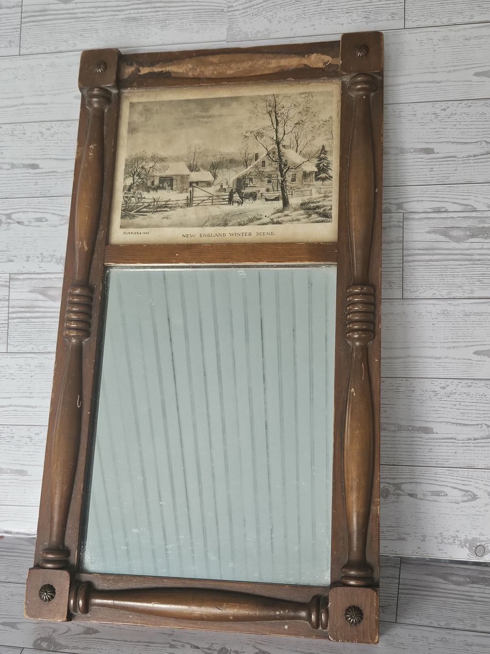 Antique Wooden Framed Mirror with Winter Print